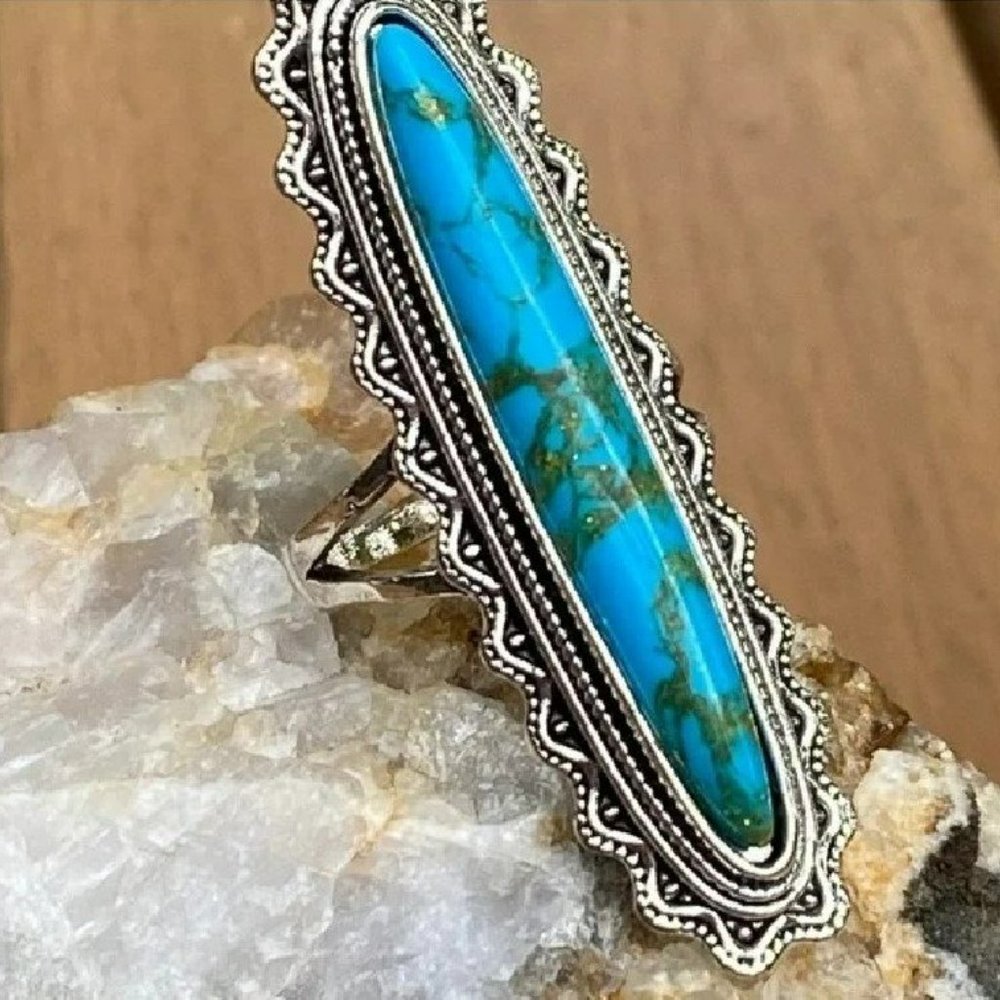 Long Vintage Blue Turquoise Antique Silver Ring - Picture 3 of 9